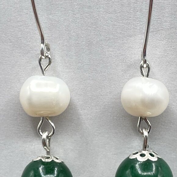 925 Sterling Silver Genuine Emerald Green Gemstone Pearl Dangle Hoop Earrings - Picture 6 of 10